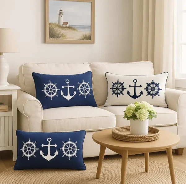 rechteckiges kissen, maritime kissen, nautische deko, anker deko, steuerrad deko